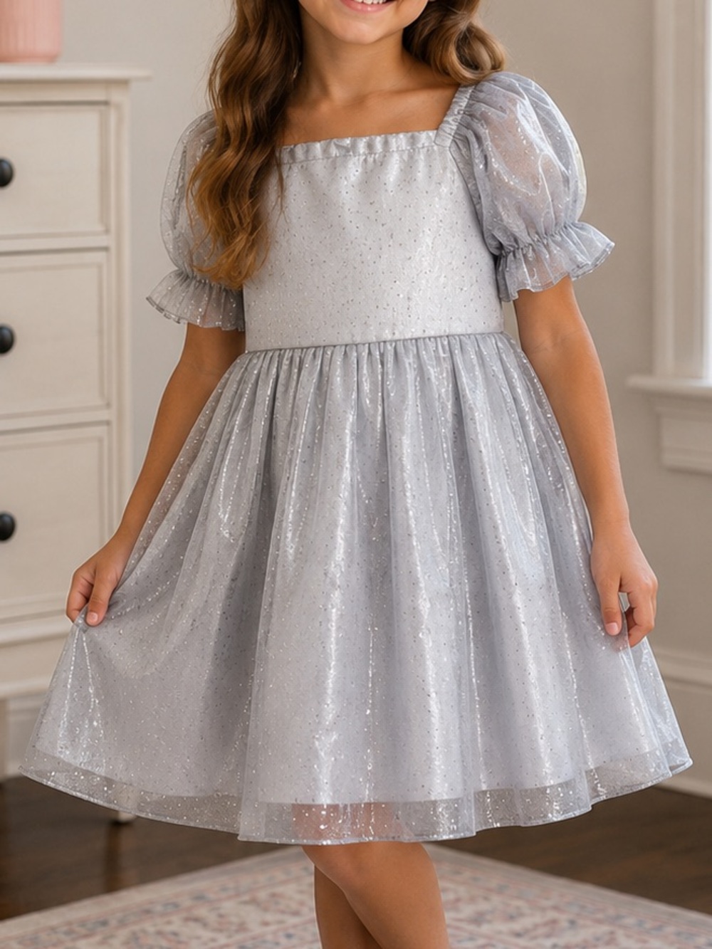 Allison + Kelly Girls Size 12 Silver Sparkle Puff Sleeve Party Dress